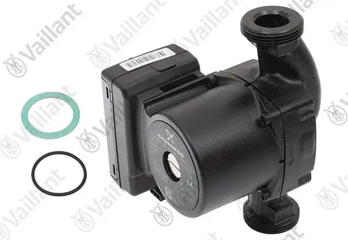 Vaillant Pumpe für Heizkreise, schwarzes Gehäuse mit Steckverbindung und zwei Dichtungen in verschiedenen Farben, abgebildet ohne spezifische Maße oder Artikelnummer.